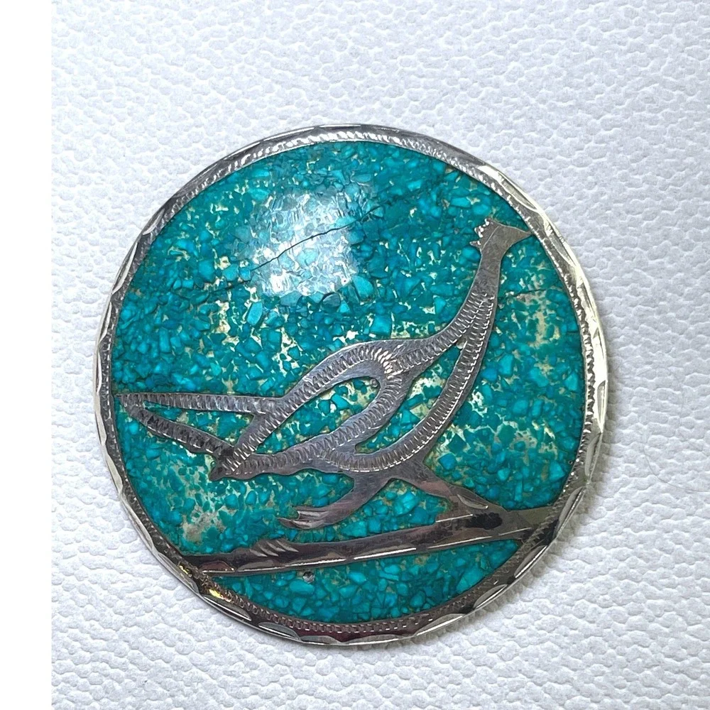 Vtg Guad Mex 925 Sterling Silver Turquoise Mosaic Bird Brooch Pin Pendant 13g